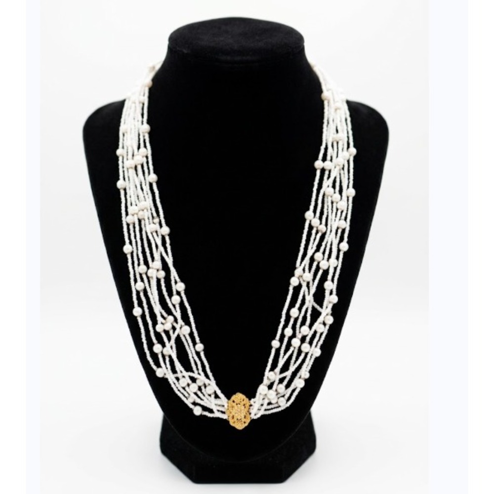 VINTAGE VOGUE Jlry 1950s White Seed Bead Draped Necklace Ornate Gold Focal Clasp
